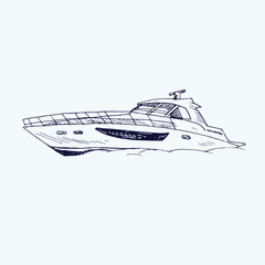 Motor yacht type, hand drawn doodle, sketch, black and white vector illustration
