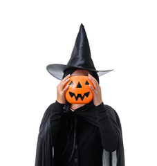 Portrait of woman in black Scary witch halloween costume standing with hat isolated on white background