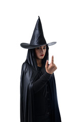 Fototapeta premium Portrait of woman in black Scary witch halloween costume standing with hat isolated on white background