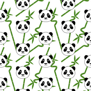 cute panda head on green bamboo branch with leaves background asia tropical zen seamless pattern vector