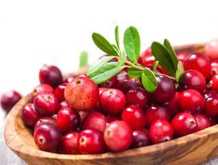 Harvest fresh red cranberries in wooden bowl, selective focus. Autumn concept