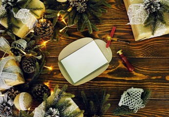 rustic styled new year , vintage style wooden texture background. Happy New Year 2019 greetings on wooden. Empty space for your text. Christmas background with decorations, xmas tree and gift