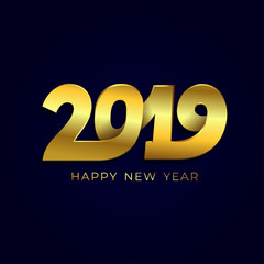 Happy New Year. 2019 golden text design pattern. Cover of business diary for 2019 with wishes. Brochure design template. Vector illustration. Isolated on black background.