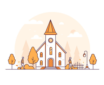 Small church - thin line design style vector illustration