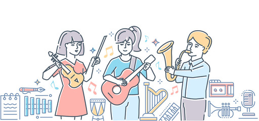 Music school - colorful line design style illustration