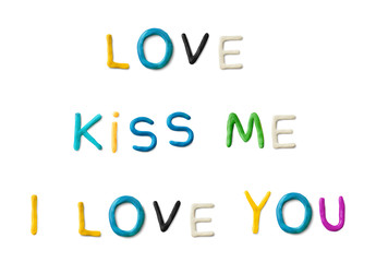 Handmade modeling clay words I love you, kiss me. Realistic 3d vector lettering isolated on white background. Wedding or Valentines day design.