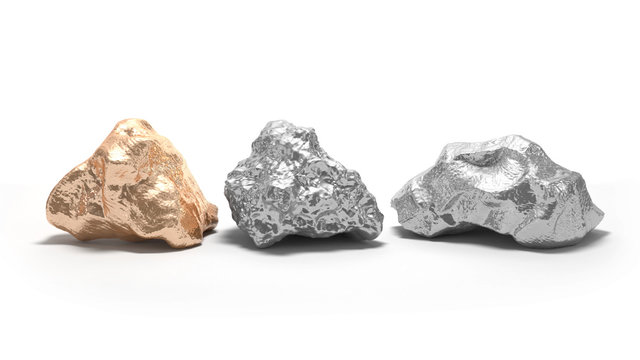 Three nuggets on a white background. Silver and gold. 3d rendering. 