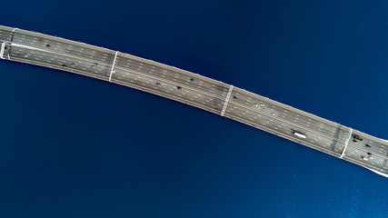 Aerial view of a high way road on the bridge. top view, isolated on black, black and white...