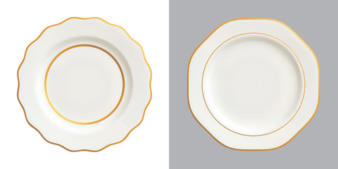 Vector illustration of decorative white plates with gold trims, isolated on white and dark backgrounds.