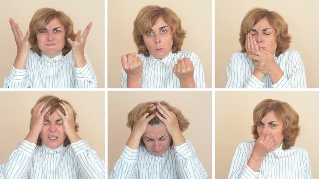 4K collage: Six portraits of the same woman with different negative emotions