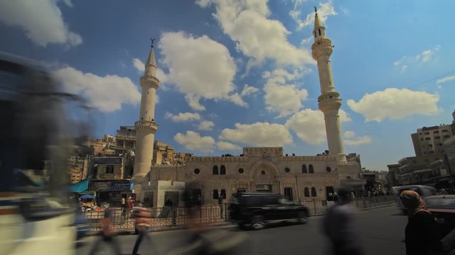 Grand Husseini Mosque in Downtown Amman, Jordan. Wide timelapse shot for the Grand Husseini Mosque with very busy movment. 4K footage