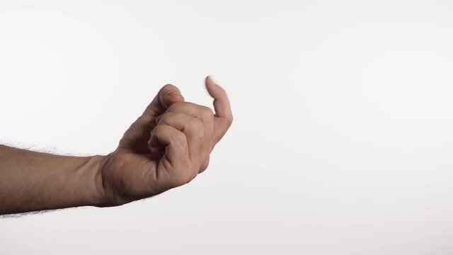 Hand showing a come here gesture on white background