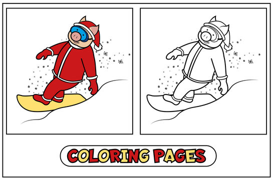 Coloring santa pig on snowboarding