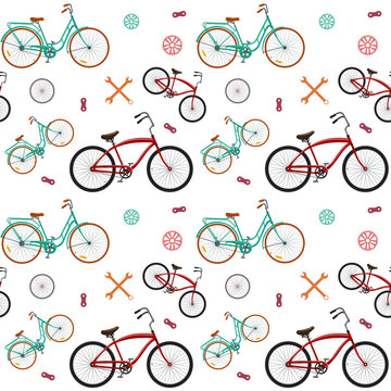 Seamless pattern with cute retro bikes
