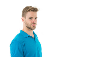 Simple hacks to make hairstyle better. Use right product styling hair. Confident with tidy hairstyle. Barber hairstyle tips. Man serious bearded unshaven guy with perfect hairstyle isolated on white