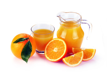 orange juice with orange isolated on white background. juice in glass