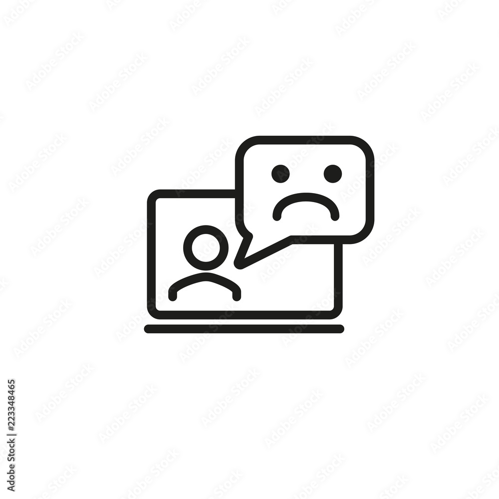 Poster laptop user with negative message line icon. comment, video chat, error message. feedback concept. v