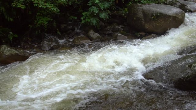 Water cascading over boulders in slow motion. On Rio Abanico on the Amazonian slopes of the Andes, Morona Santiago province, Ecuador