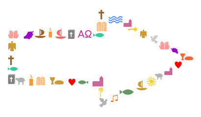 Pfeil aus bunten christlichen Symbolen, Outline