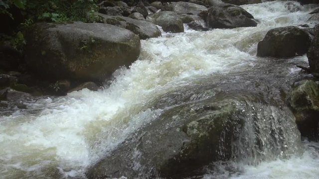 Water cascading over boulders in slow motion. On Rio Abanico on the Amazonian slopes of the Andes, Morona Santiago province, Ecuador