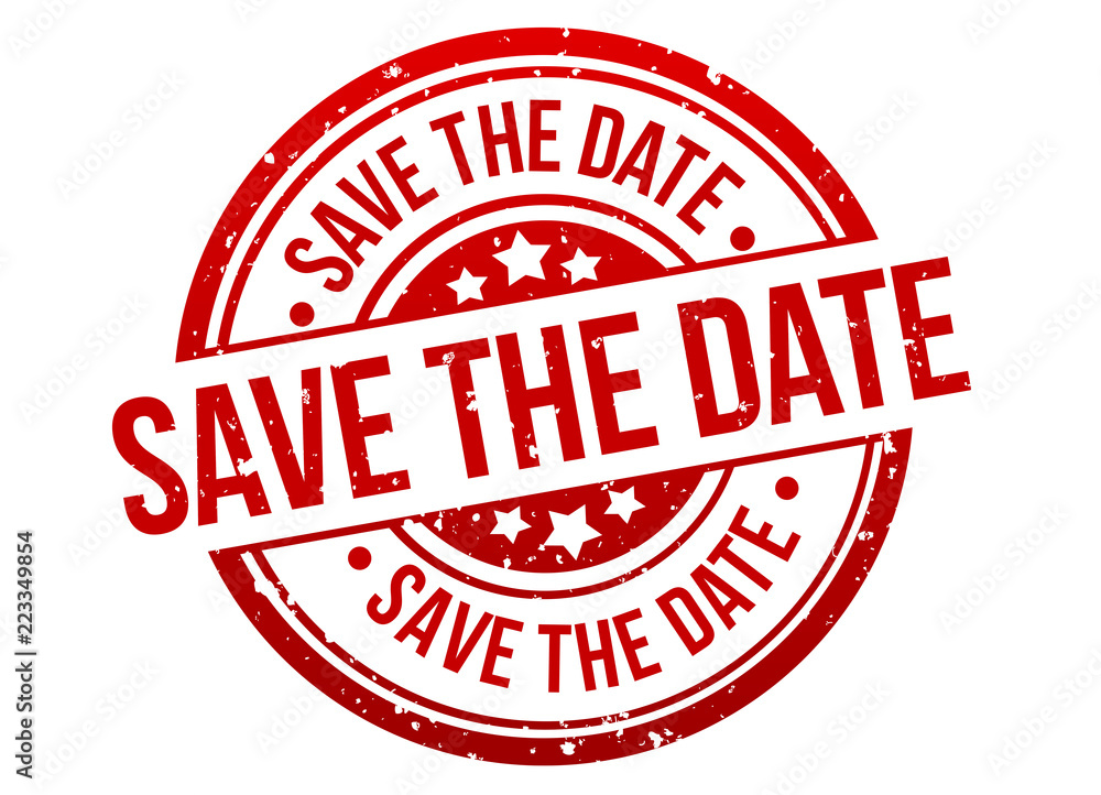 Poster save the date stamp button banner badge in red. eps10 vector.
