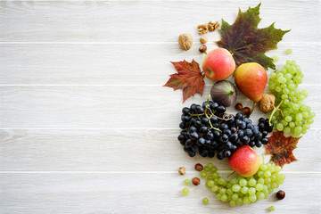 Naklejka na ściany i meble Still life of autumn fruits and vegetables. White wooden background