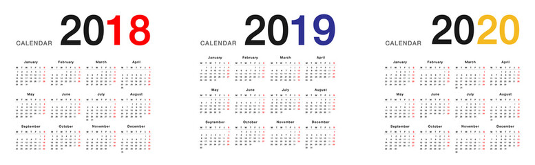 Year 2018 and Year 2019 and Year 2020 calendar vector design template, simple and clean design. Calendar for 2018 and 2019 on White Background for organization and business. Week Starts Monday. 