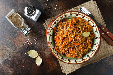 Buckwheat in a merchant manner (stewed with minced meat and vegetables)