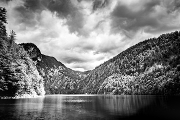 Reflection of Alps in Austria in black and white