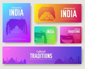 Set of India cultural country and landmarks ornament illustration concept. Art traditional, book, poster, abstract, ottoman motifs, element. Vector indian decorative ethnic greeting card or invitation