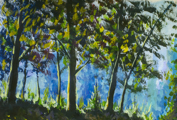 Schöne grüne Bäume im Wald - ländliche Landschaft, helle Natur - handgemachte Malerei auf Leinwand © weris7554