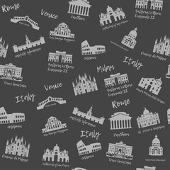 Seamless pattern of Italy. Building, landmarks of sities. Silhouette travel icons of the Colosseum, Galleria Vittorio, Pantheon, St. Peters Basilica, Trevi Fountain. Background of Venice, Milan, Rome - 223352411