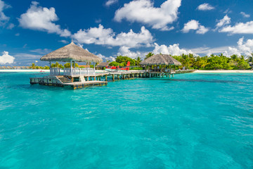 Maldives island beach. Wooden jetty, seaplane and exotic tropical island, view from amazing blue sea