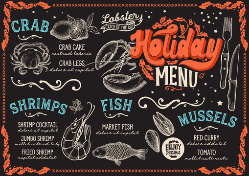 Christmas menu for seafood restaurant and cafe on a blackboard background vector illustration brochure for xmas dinner celebration. Design template with vintage lettering and holiday graphic.