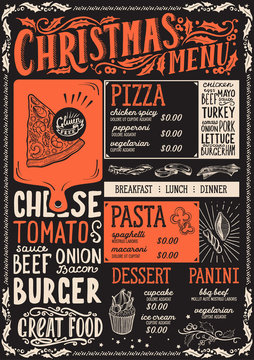 Christmas menu template for restaurant and cafe on a blackboard background vector illustration food brochure for xmas dinner celebration. Design with vintage lettering and holiday graphic.
