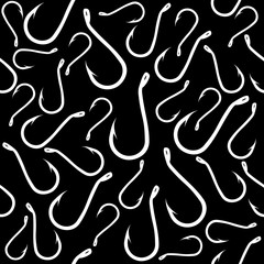 Fishing hooks. Black seamless vector background with white elements.