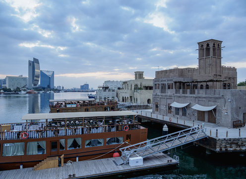 Al Bastakiya Historical Neighborhood and Dubai Creek at dawn, Dubai, United Arab Emirates