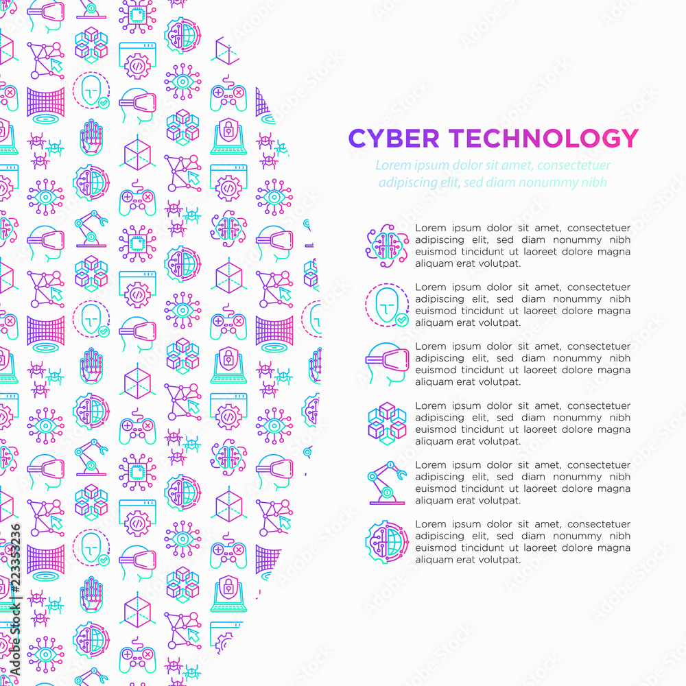 Aufkleber cyber technology concept with thin line icons: ai, virtual reality glasses, bionics, robotics, globa
