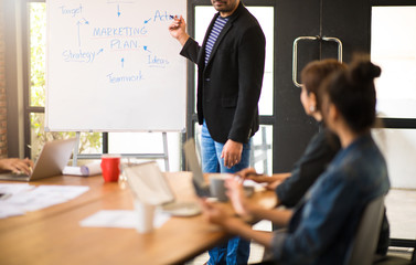 Photo of Business partners brainstoming and discussing documents about merketing plan at meeting. Selective focus at wording "Marketing Plan" on whiteboard.