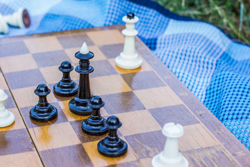 classic chess wooden desk with black and white figures on carpet in natural environment, game in...