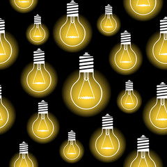 Seamless black vector pattern with light bulbs.