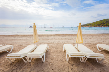 IBIZA, SPAIN - OCTOBER 10, 2014: Panoramic view of Ibiza beach near Pacha, Ibiza island