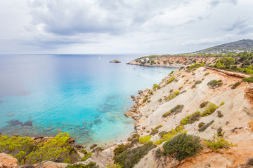 Panoramic view of scenic Ibiza island coastline, Balearic Ilands in Spain