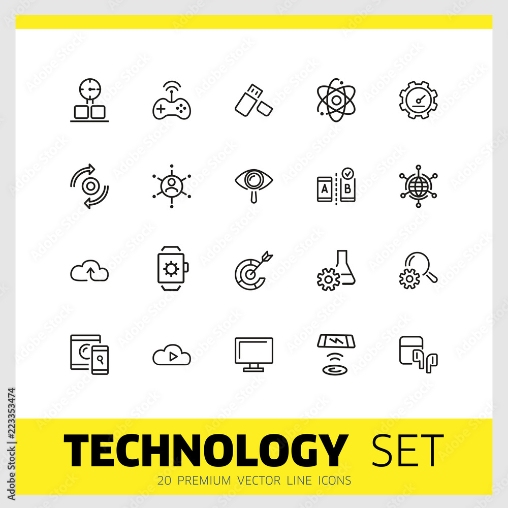 Poster technology icons. set of line icons. smartwatch, wireless game controller, cloud storage. modern tec