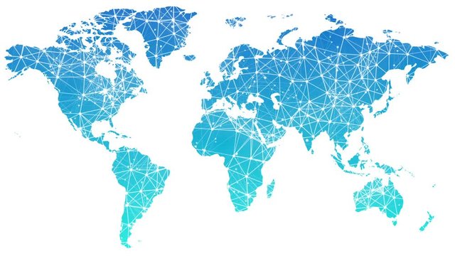 Low poly world map with connected dotson the white background whith alpha channel. Digital age.