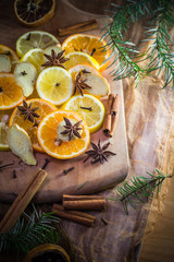 Ingredients medicinal tea Citrus spices Slices lemon orange ginger cloves cinnamon