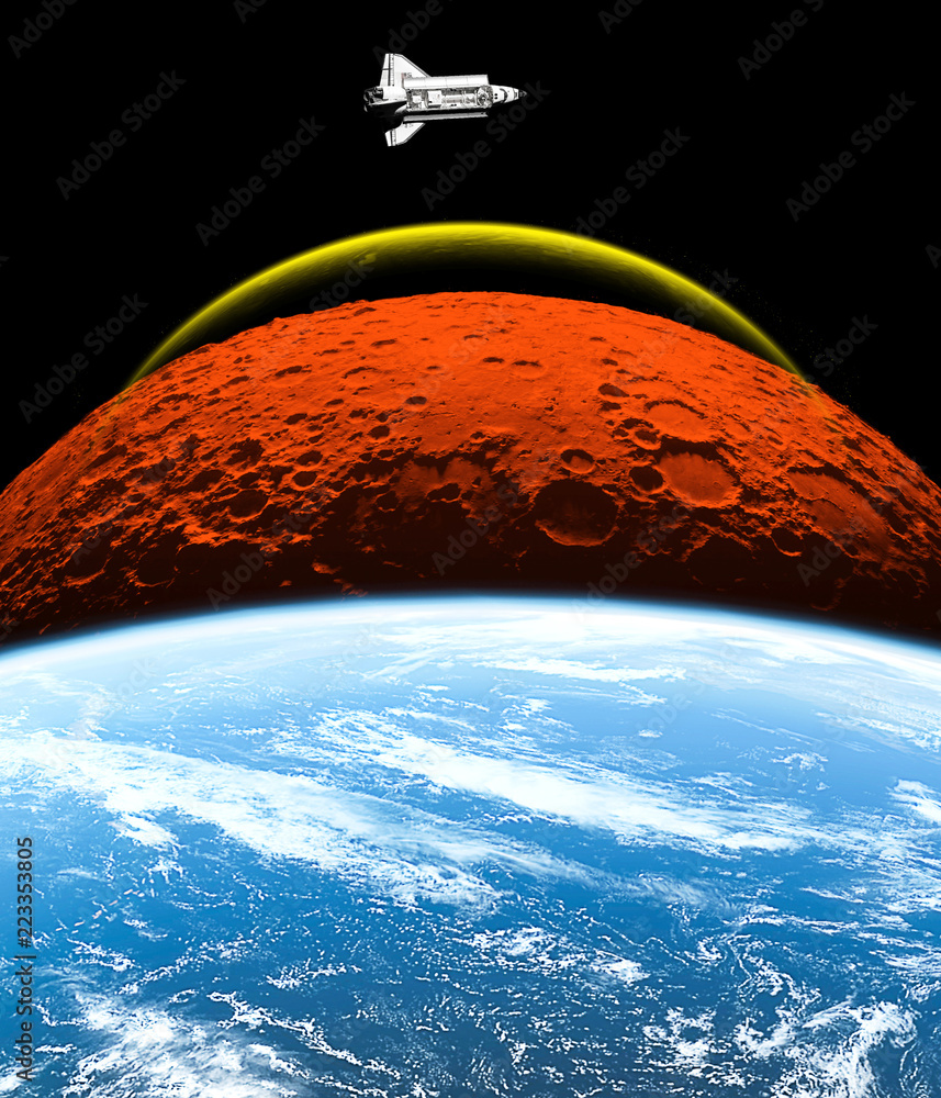 Sticker spaceship flying into outer space in orbit of planet. planets of solar system. space explorer. space