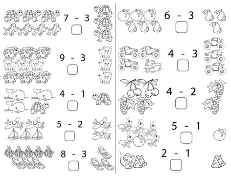 Puzzles for children. ubtraction. Workbook on mathematics for preschool education. Illustration for educational books. Prescriptions. Coloring. Page 17