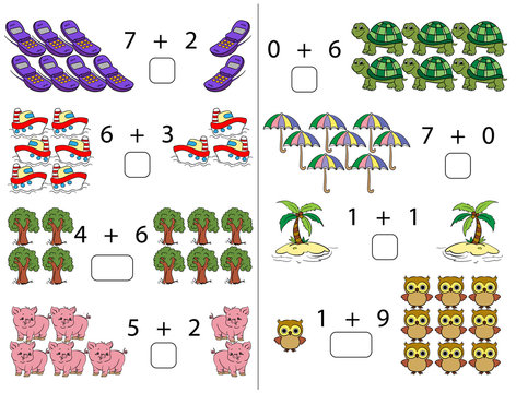 Puzzles for children.  Addition. Workbook on mathematics for preschool education. Illustration for educational books. Prescriptions. Full color. Page 16