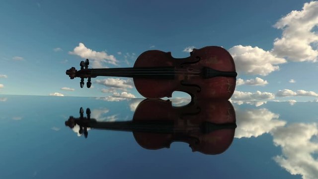 Vintage violin on mirror in space and clouds motion. Music and nature concept, time lapse